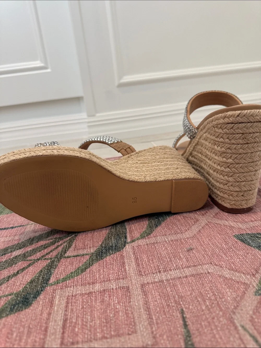 Steve Madden Tan Espadrille Wedge Sandals with Silver Rhinestone Straps 9.5